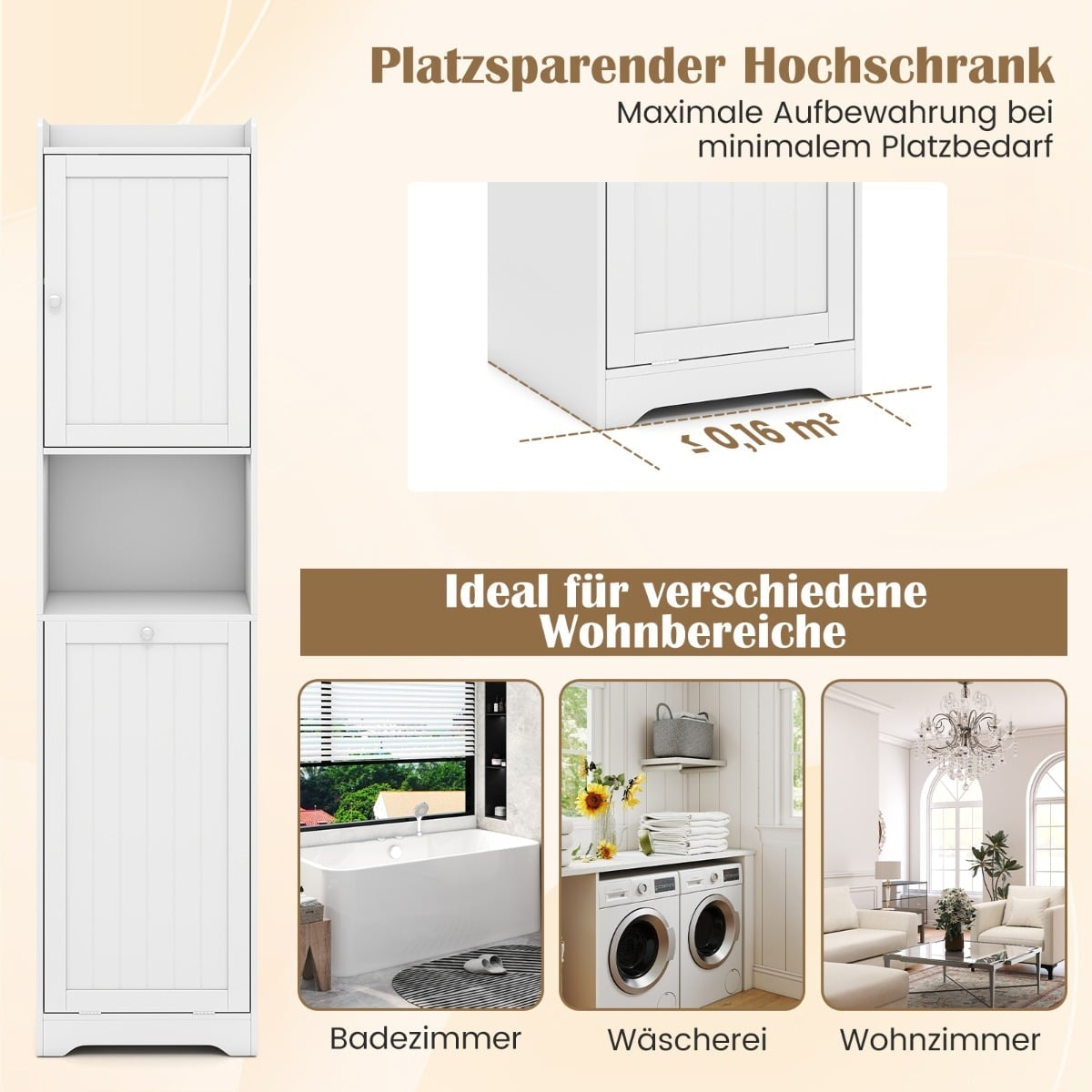 Tall Bathroom Cabinet with Adjustable Shelves and Laundry Bag