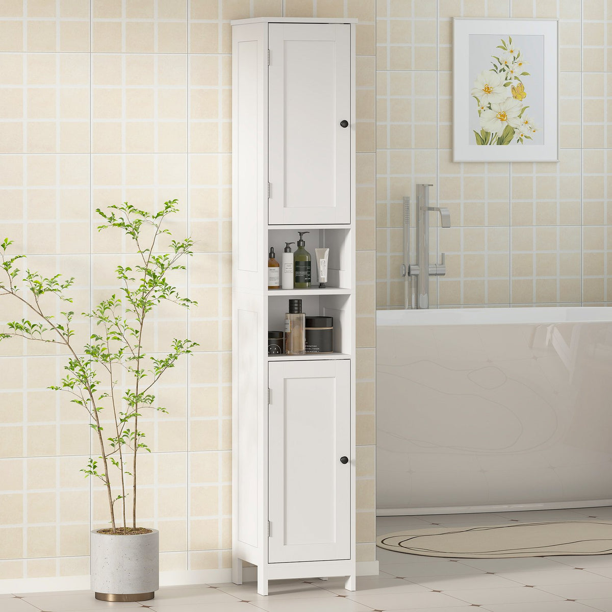 Tall Bathroom Cabinet with Doors, Open Shelves, White, 170 cm