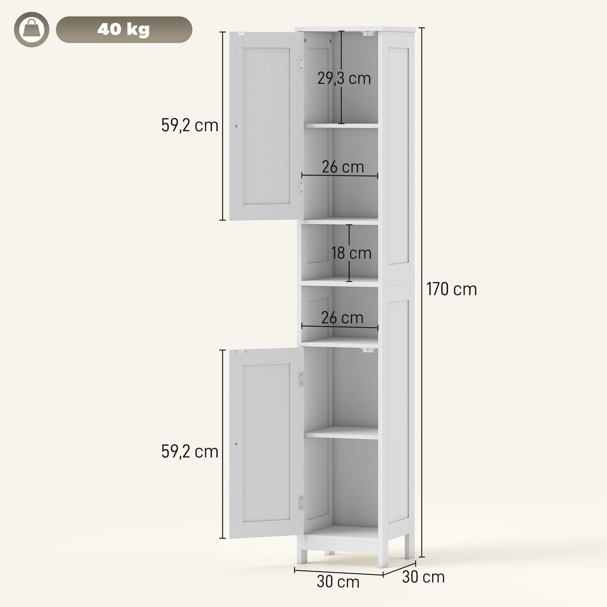 Tall Bathroom Cabinet with Doors, Open Shelves, White, 170 cm