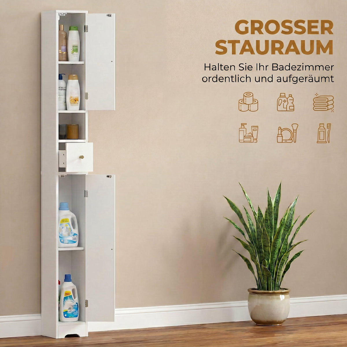Tall Bathroom Cabinet with Drawer, Adjustable Shelves, White 20x20x185 cm