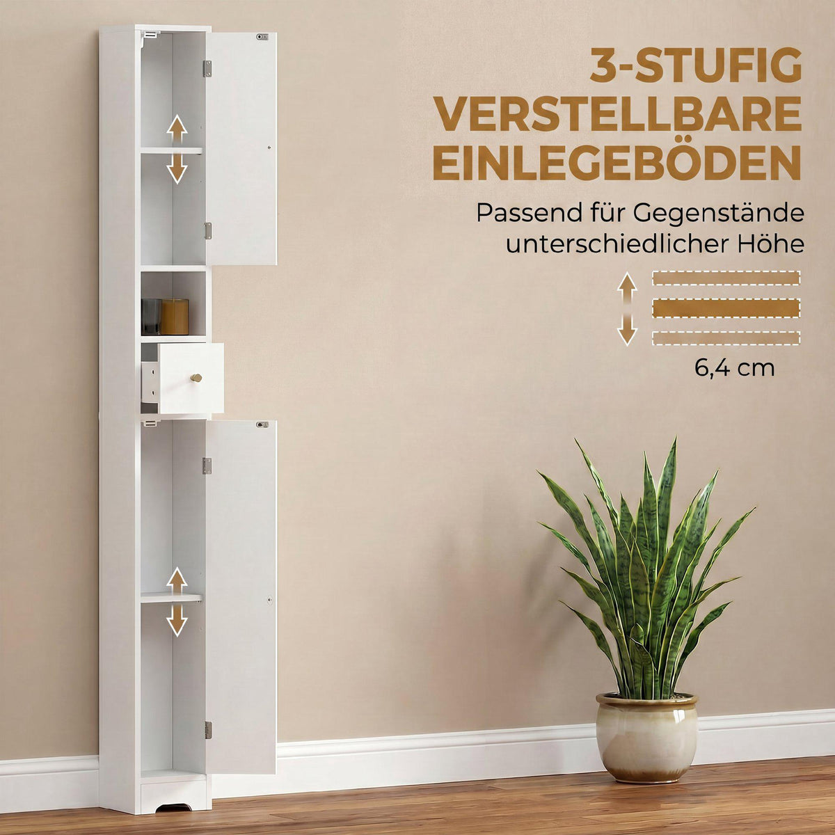 Tall Bathroom Cabinet with Drawer, Adjustable Shelves, White 20x20x185 cm