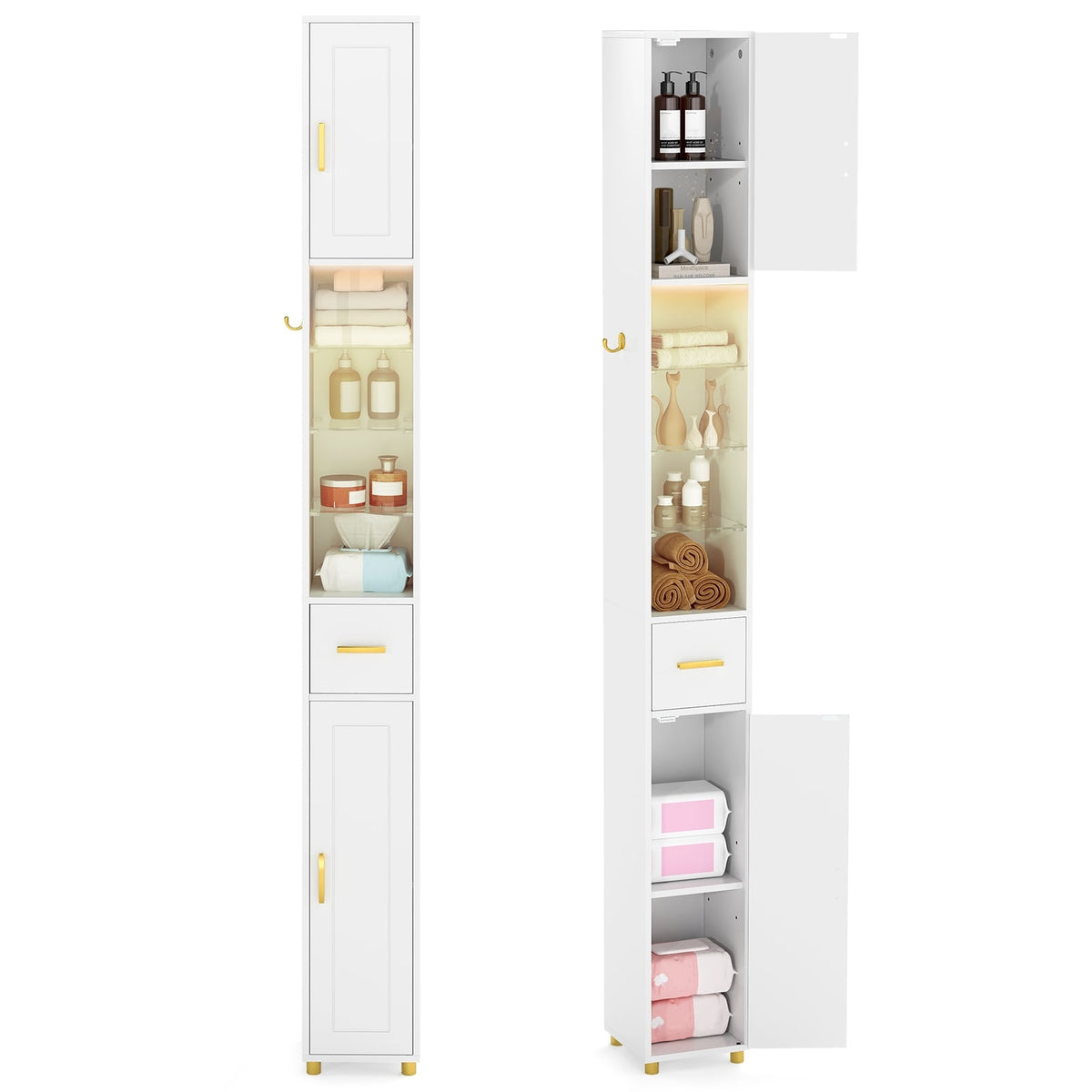 Tall Bathroom Cabinet with Lighting, Glass Shelves, Drawer