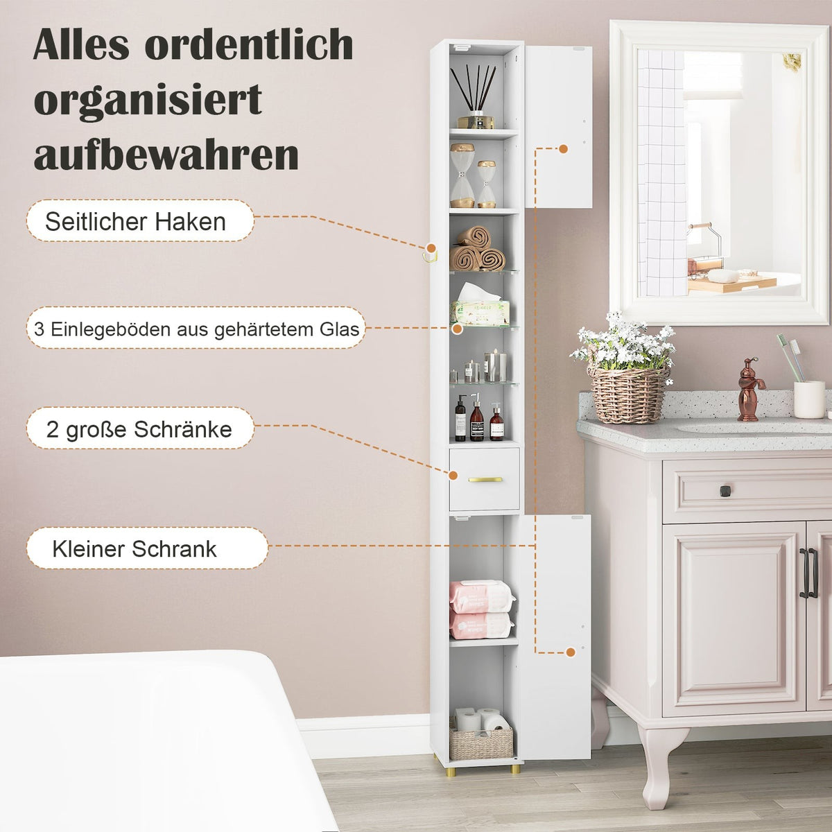 Tall Bathroom Cabinet with Lighting, Glass Shelves, Drawer