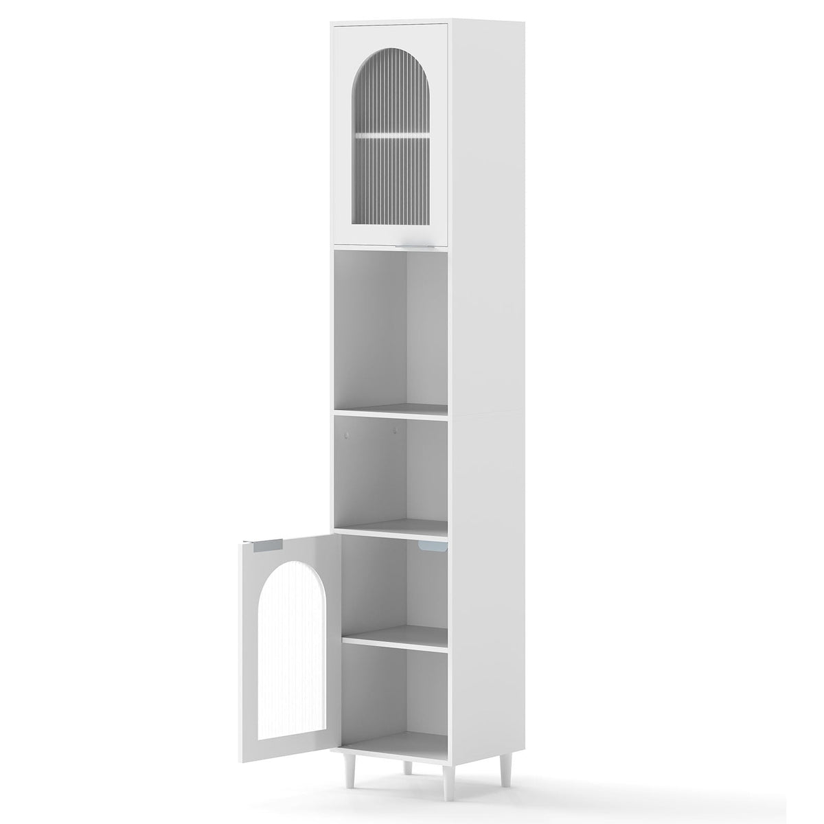 Tall Bathroom Cabinet with Ribbed Glass Doors, White