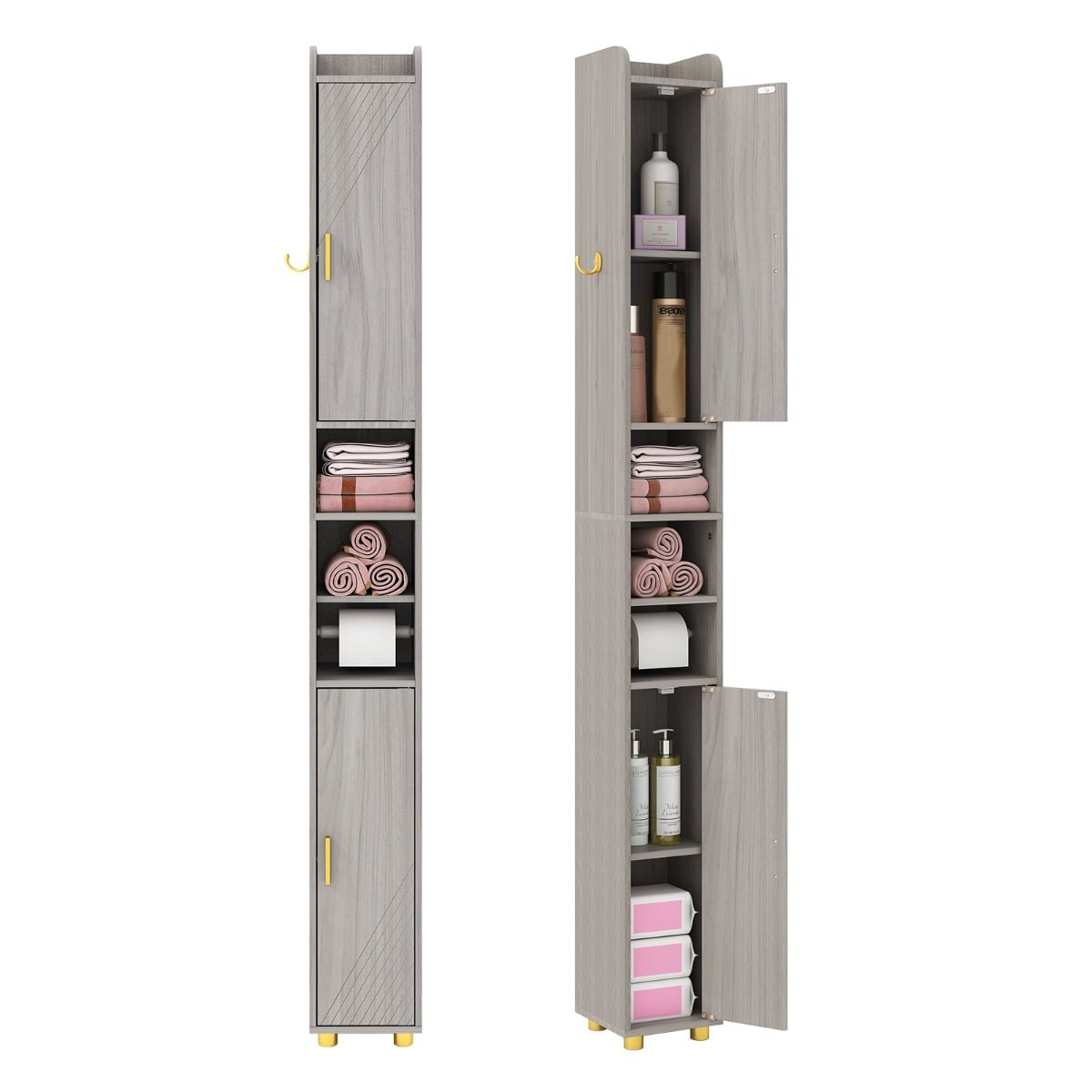 Tall Bathroom Cabinet with Toilet Paper Holder, Hooks – Grey