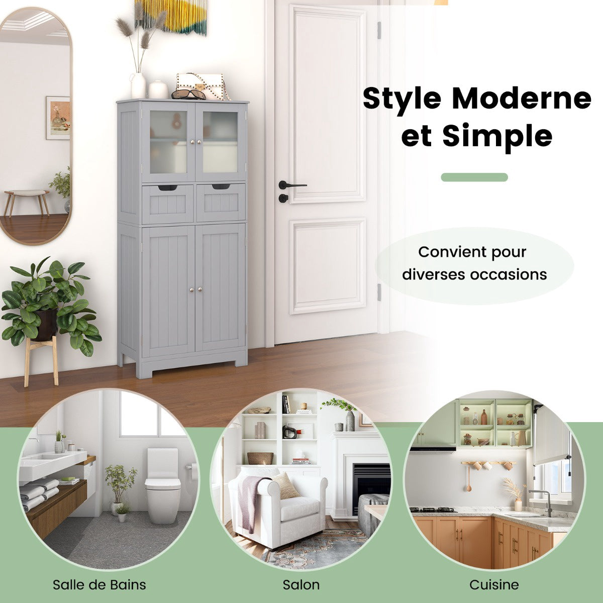 Tall Bathroom Storage Cabinet, 4 Doors, 2 Drawers, Grey