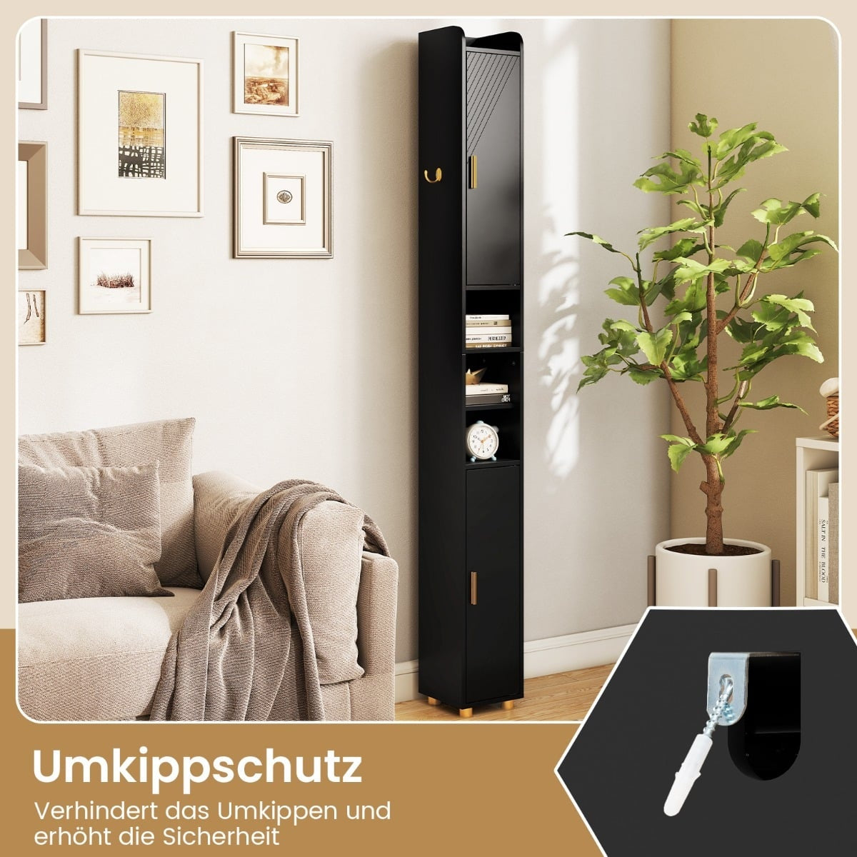 Tall Black Bathroom Cabinet with Adjustable Shelves, 179 cm