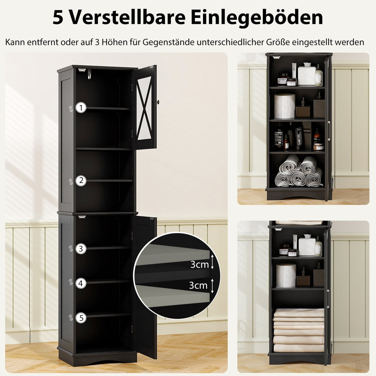 Tall Black Bathroom Cabinet with Adjustable Shelves