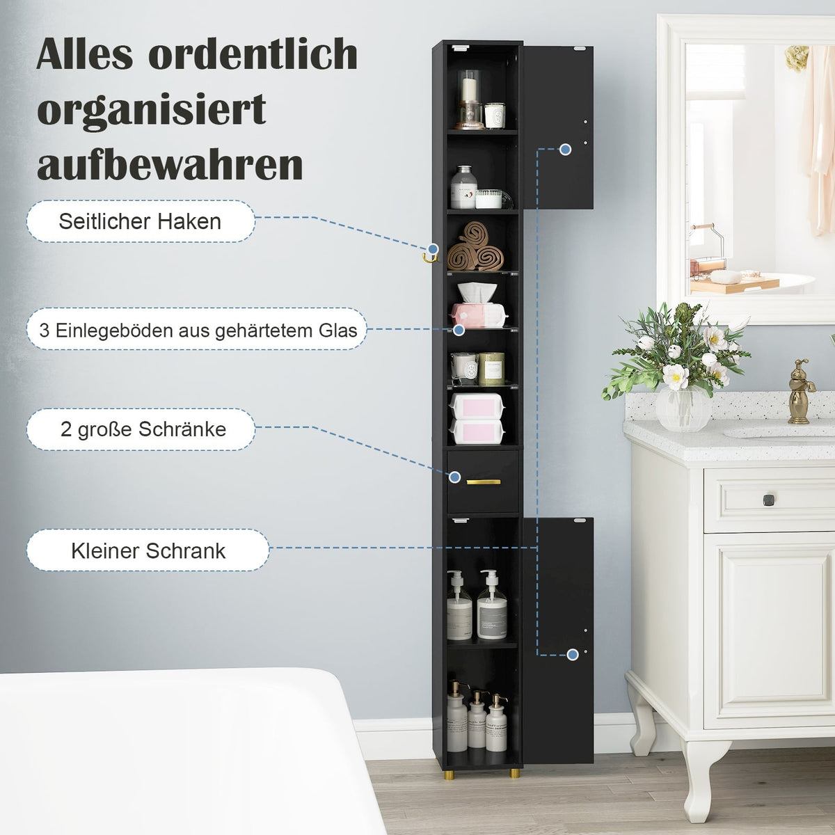 Tall Black Bathroom Cabinet with Lighting & Glass Shelves