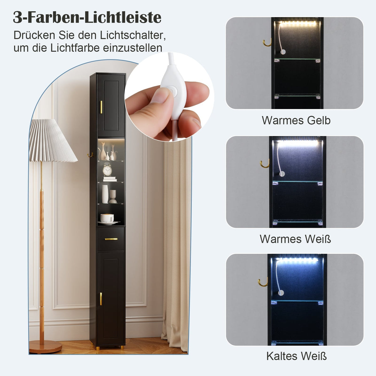 Tall Black Bathroom Cabinet with Lighting & Glass Shelves