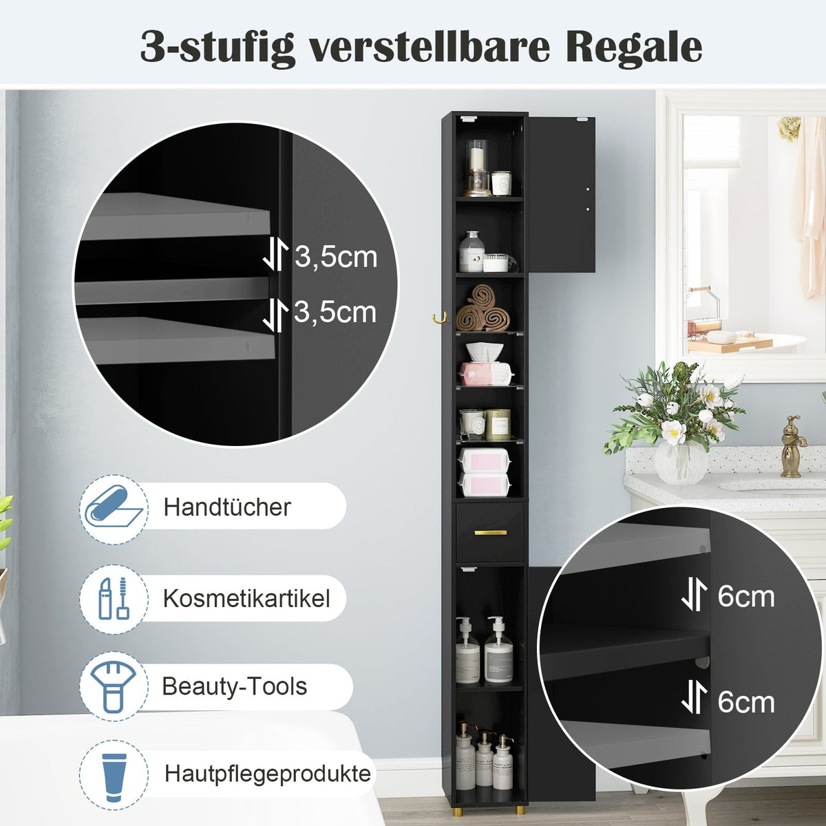 Tall Black Bathroom Cabinet with Lighting & Glass Shelves