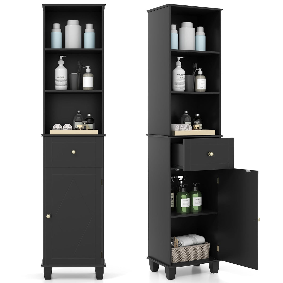 Tall Black Bathroom Cabinet with Shelves and Drawer