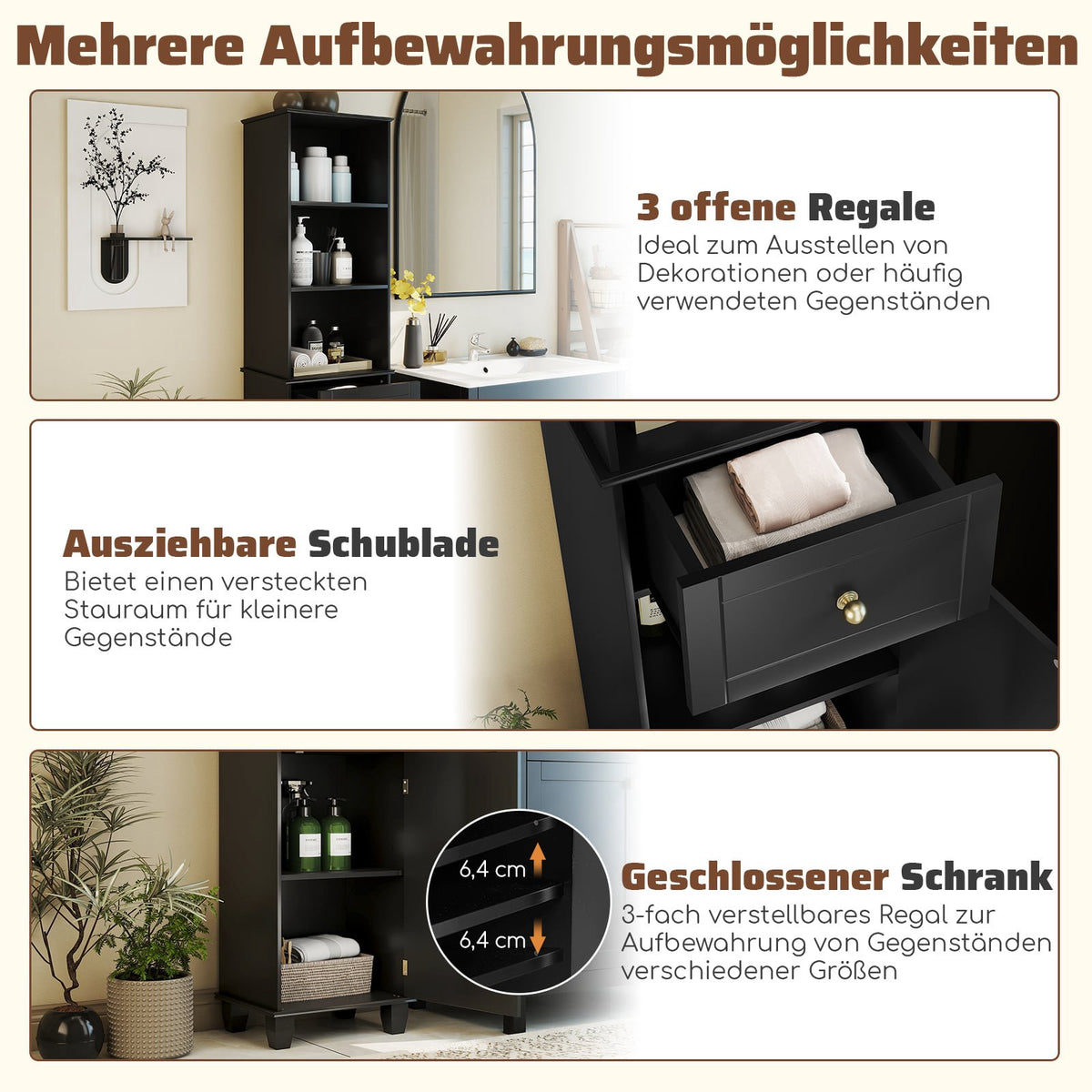 Tall Black Bathroom Cabinet with Shelves and Drawer