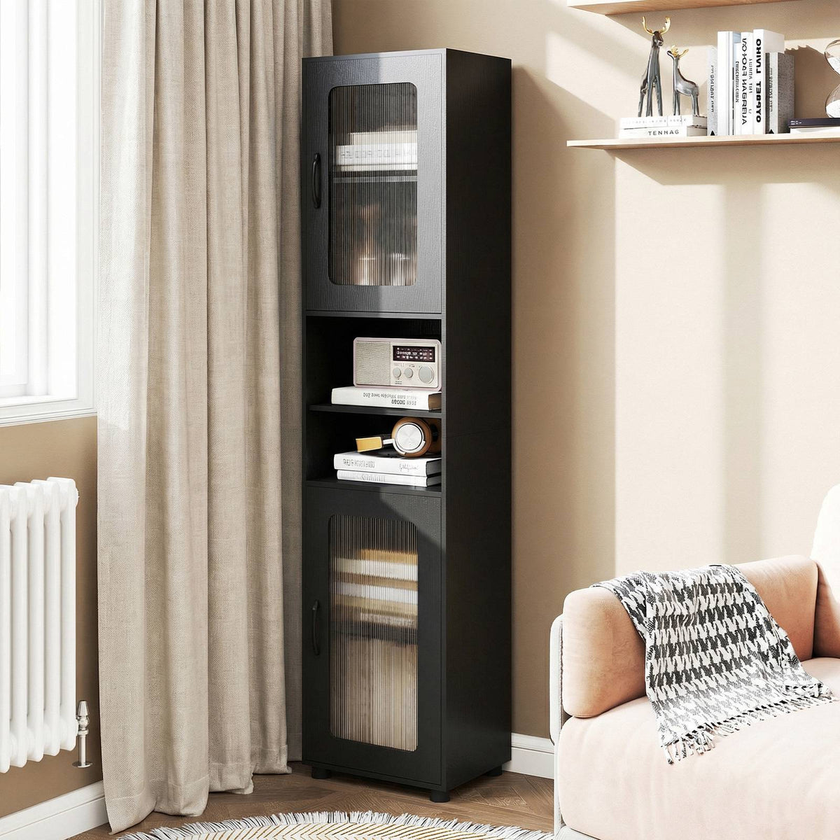 Tall Black Bathroom Storage Cabinet with Fluted Doors