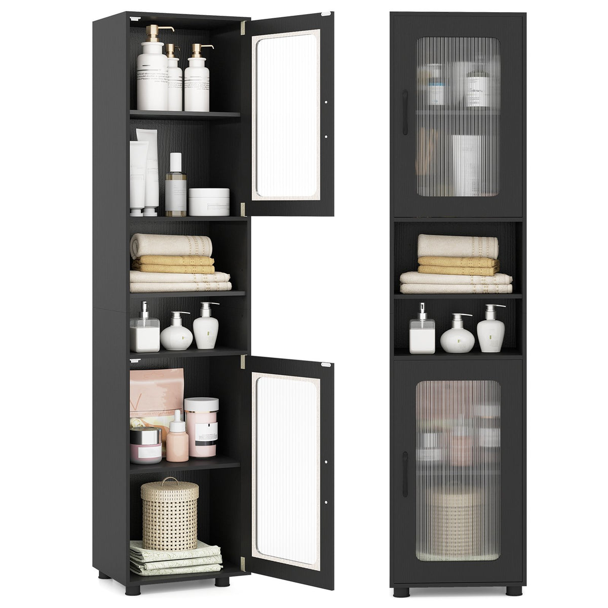 Tall Black Bathroom Storage Cabinet with Fluted Doors