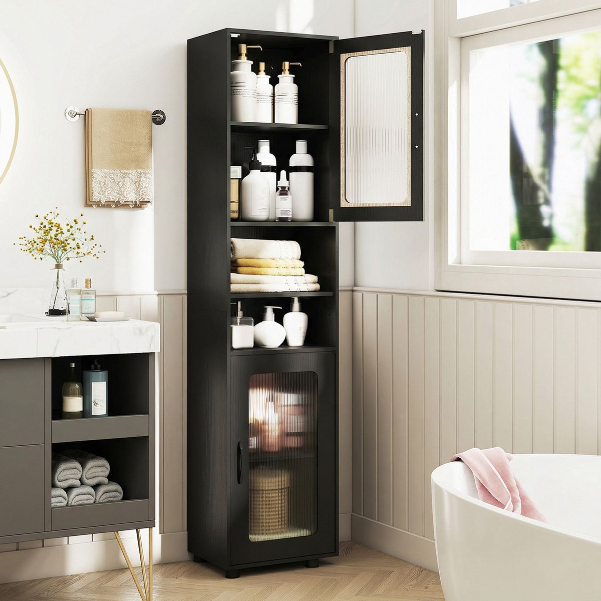 Tall Black Bathroom Storage Cabinet with Fluted Doors