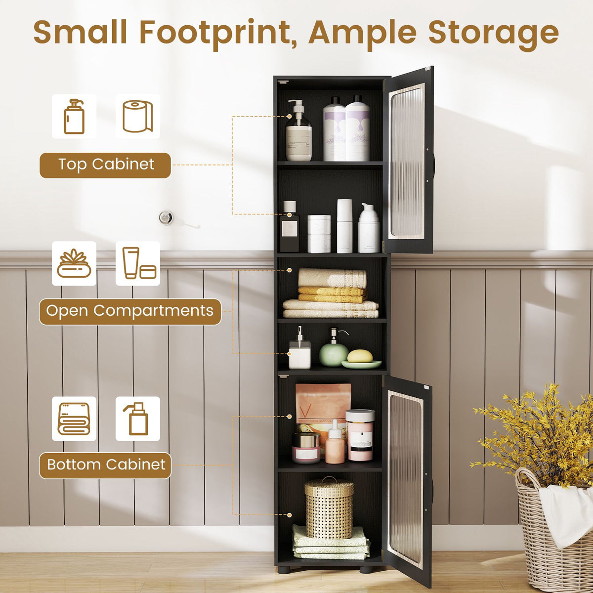 Tall Black Bathroom Storage Cabinet with Fluted Doors