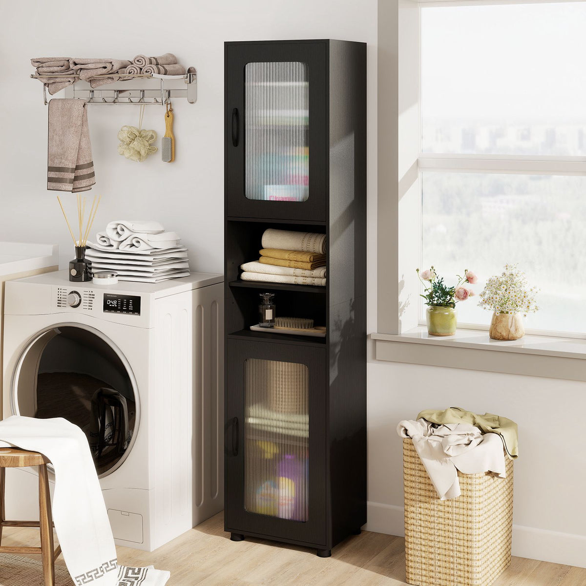 Tall Black Bathroom Storage Cabinet with Fluted Doors