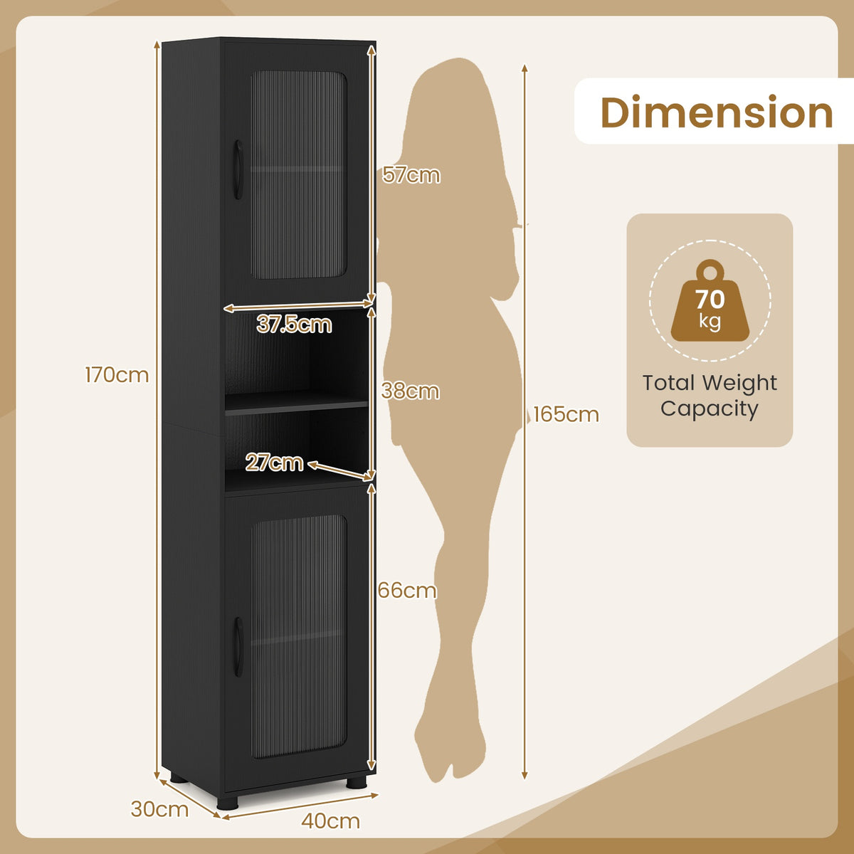 Tall Black Bathroom Storage Cabinet with Fluted Doors