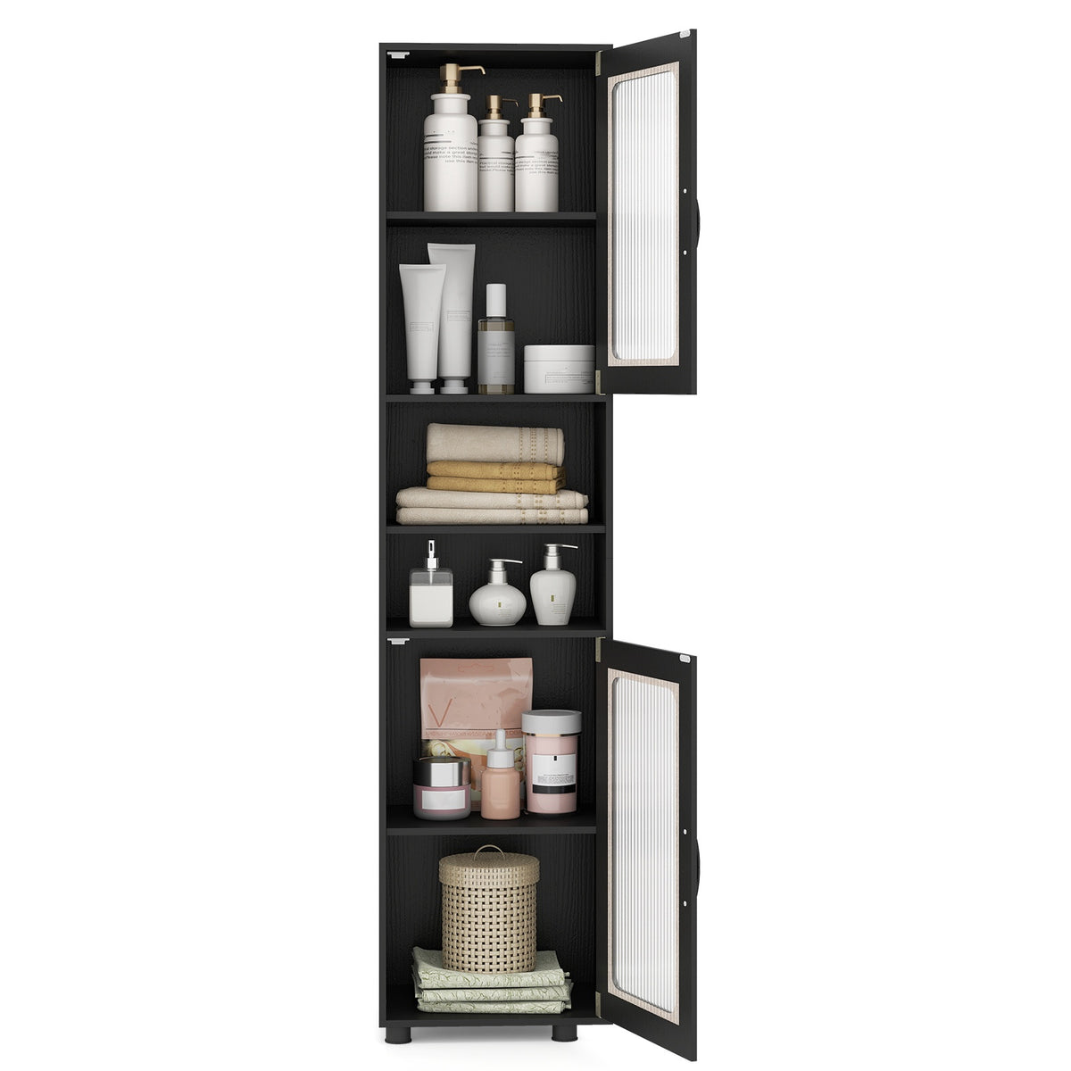 Tall Black Bathroom Storage Cabinet with Fluted Doors