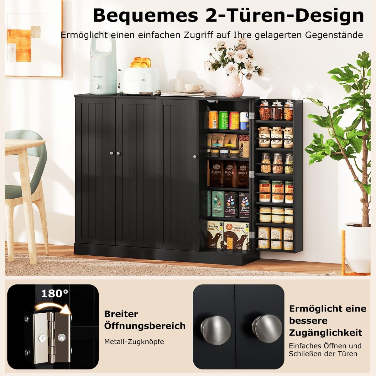 Tall Black Kitchen Pantry Cabinet with Adjustable Shelves