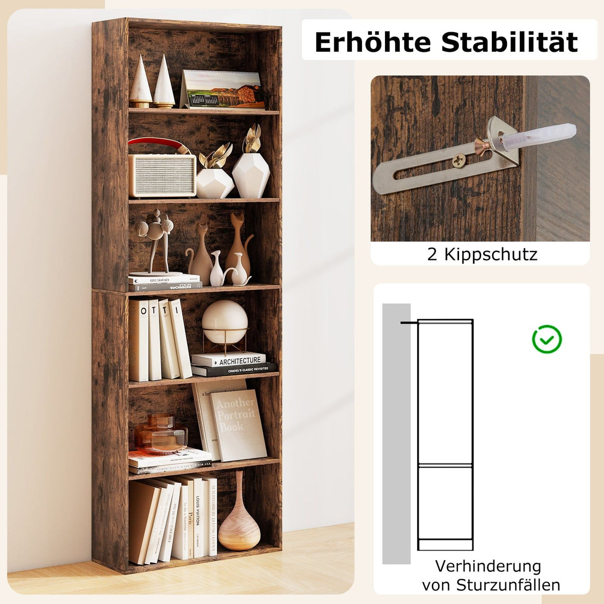 Tall Brown Bookshelf with 6 Shelves and Anti-Tip Kits