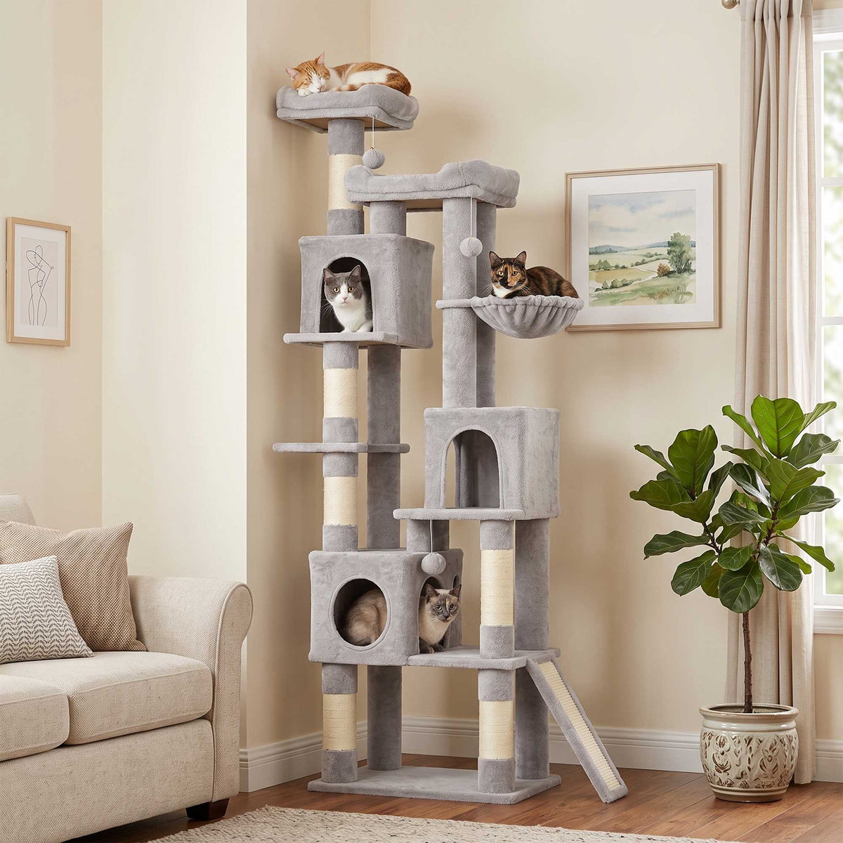 Tall Cat Tree, 200 cm with Beds, Hammock, for 3 Cats