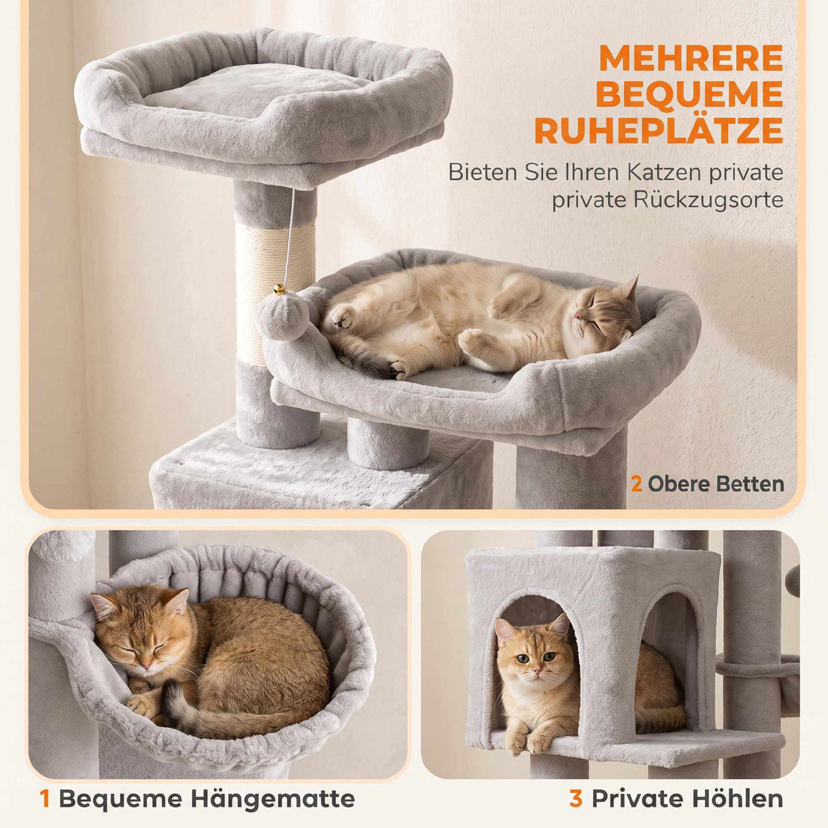 Tall Cat Tree, 200 cm with Beds, Hammock, for 3 Cats