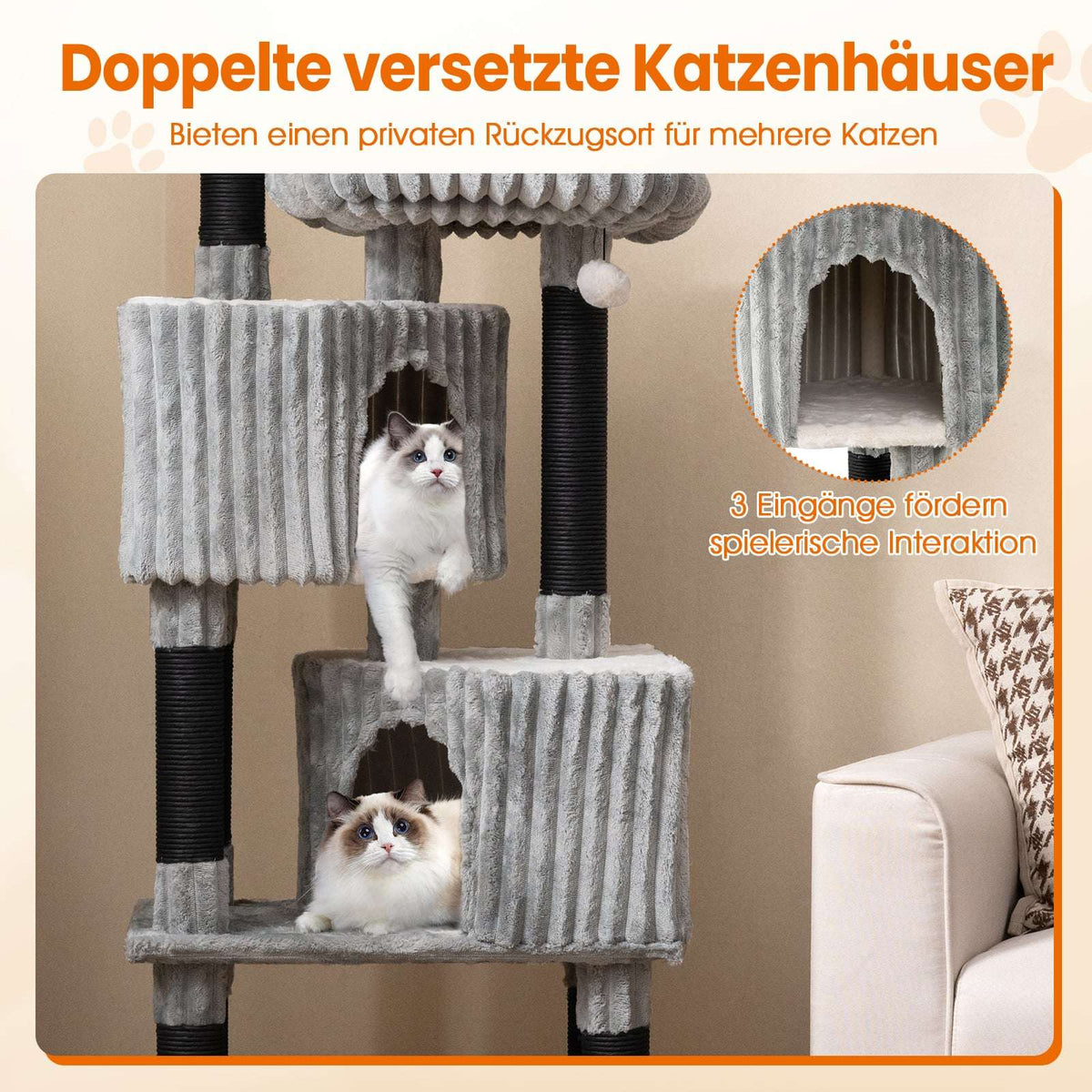 Tall Cat Tree with 2 Caves, Beds, Scratch Posts, 156 cm