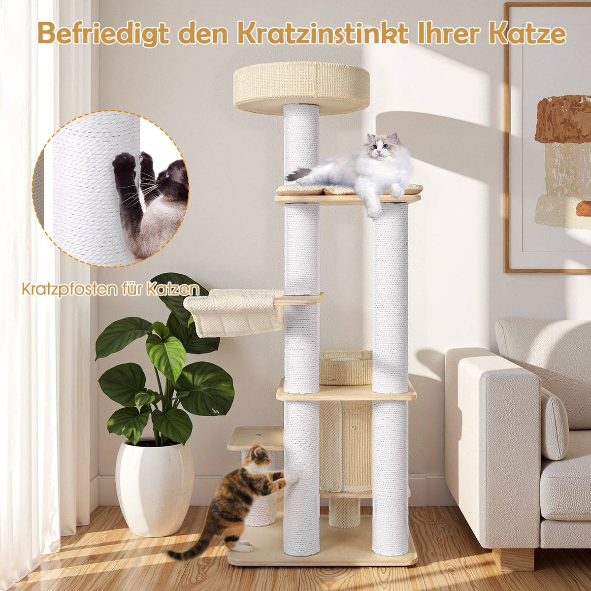 Tall Cat Tree with Hammock and Scratching Posts, 151 cm