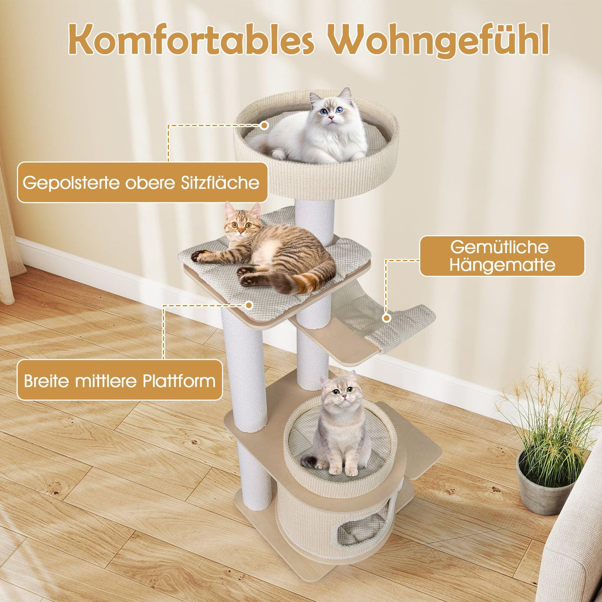 Tall Cat Tree with Hammock and Scratching Posts, 151 cm