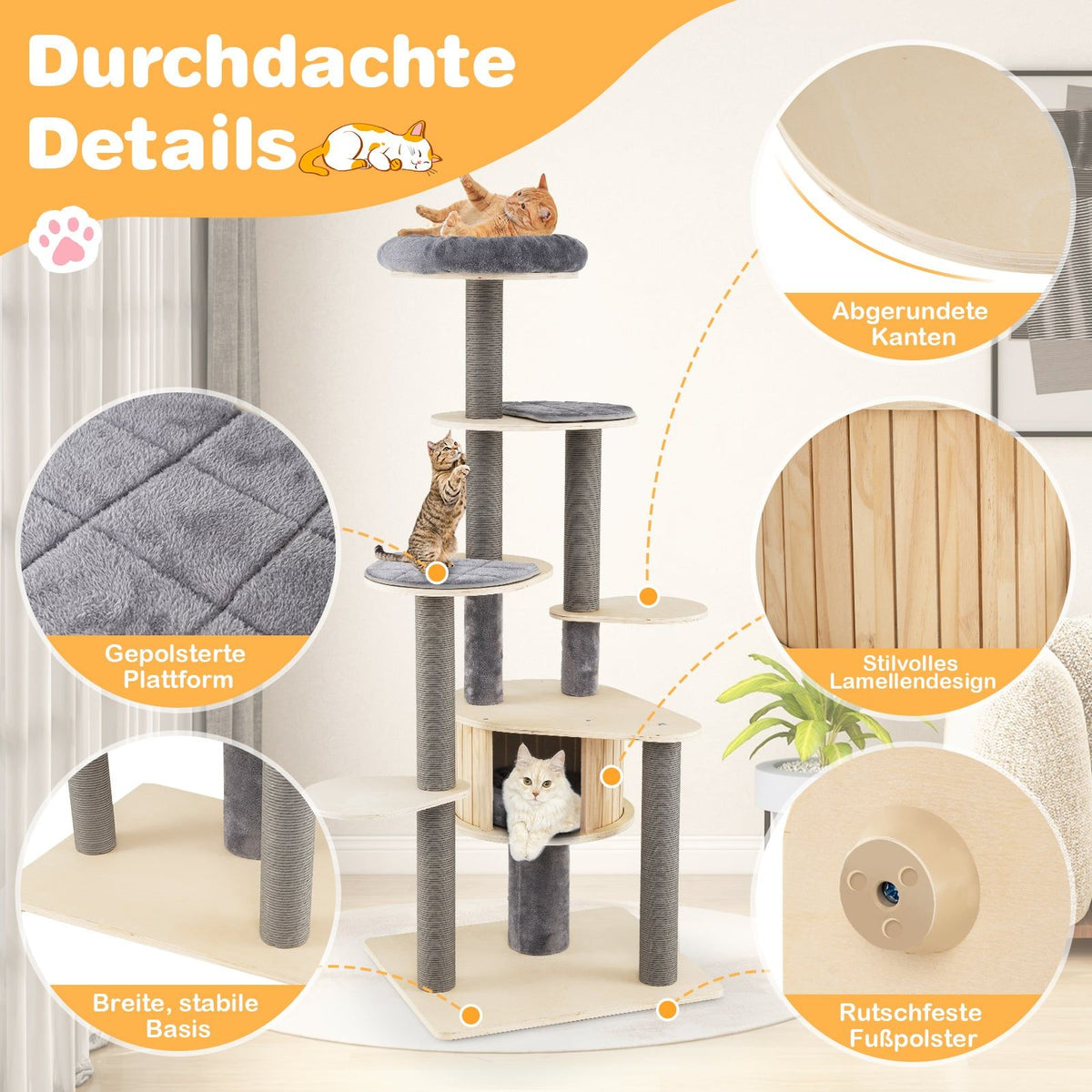 Tall Cat Tree with Multi-Level Design and Soft Top Platform, Gray