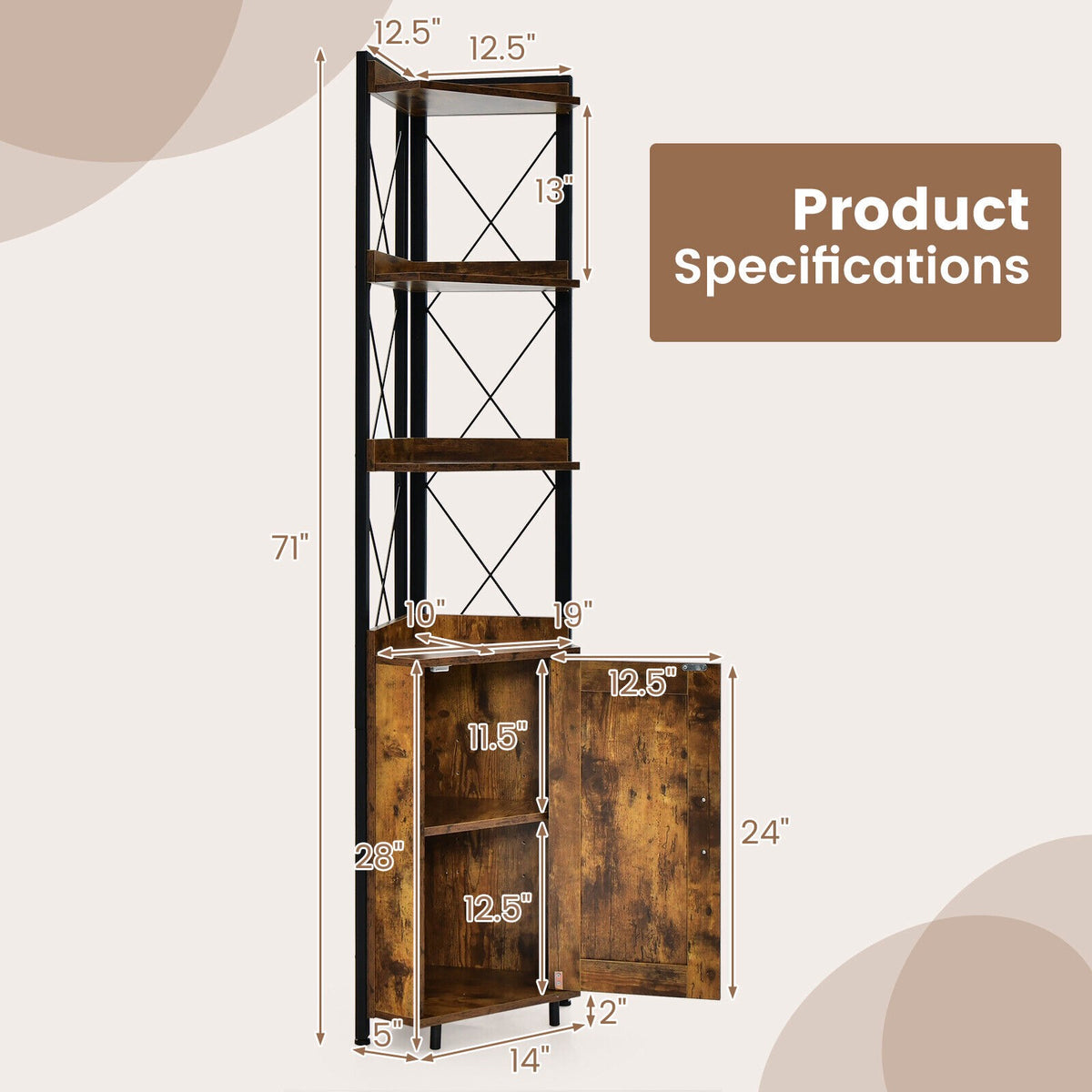 Tall Corner Storage Cabinet, 3-Tier Shelf, Door, MDF