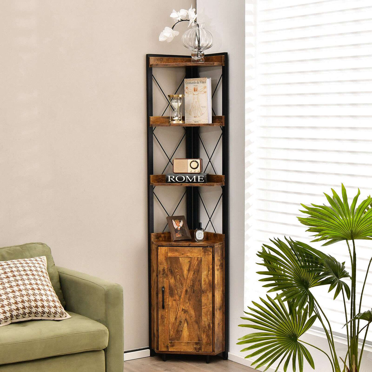 Tall Corner Storage Cabinet, 3-Tier Shelf, Door, MDF