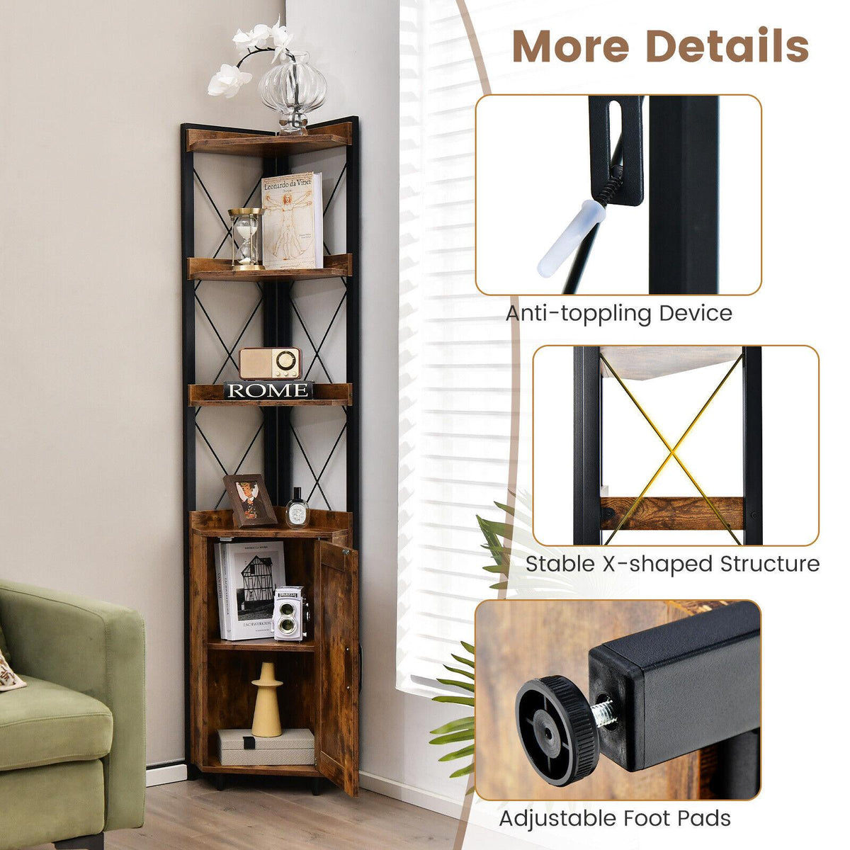 Tall Corner Storage Cabinet, 3-Tier Shelf, Door, MDF