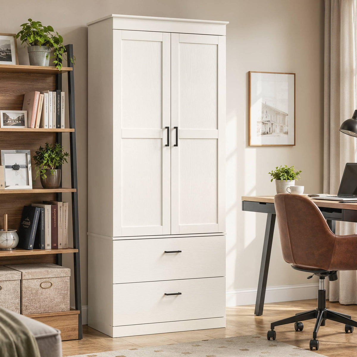 Tall Cream White Kitchen Pantry Cabinet with Adjustable Shelves