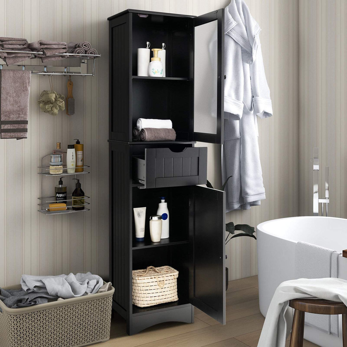 Tall Floor Storage Cabinet, 2 Doors, 1 Drawer, Black