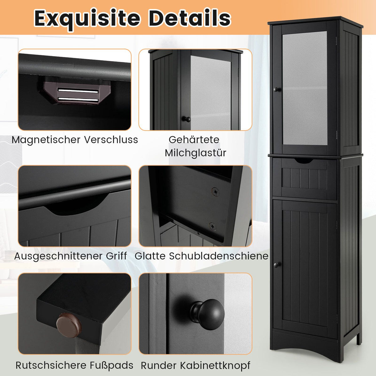 Tall Floor Storage Cabinet, 2 Doors, 1 Drawer, Black