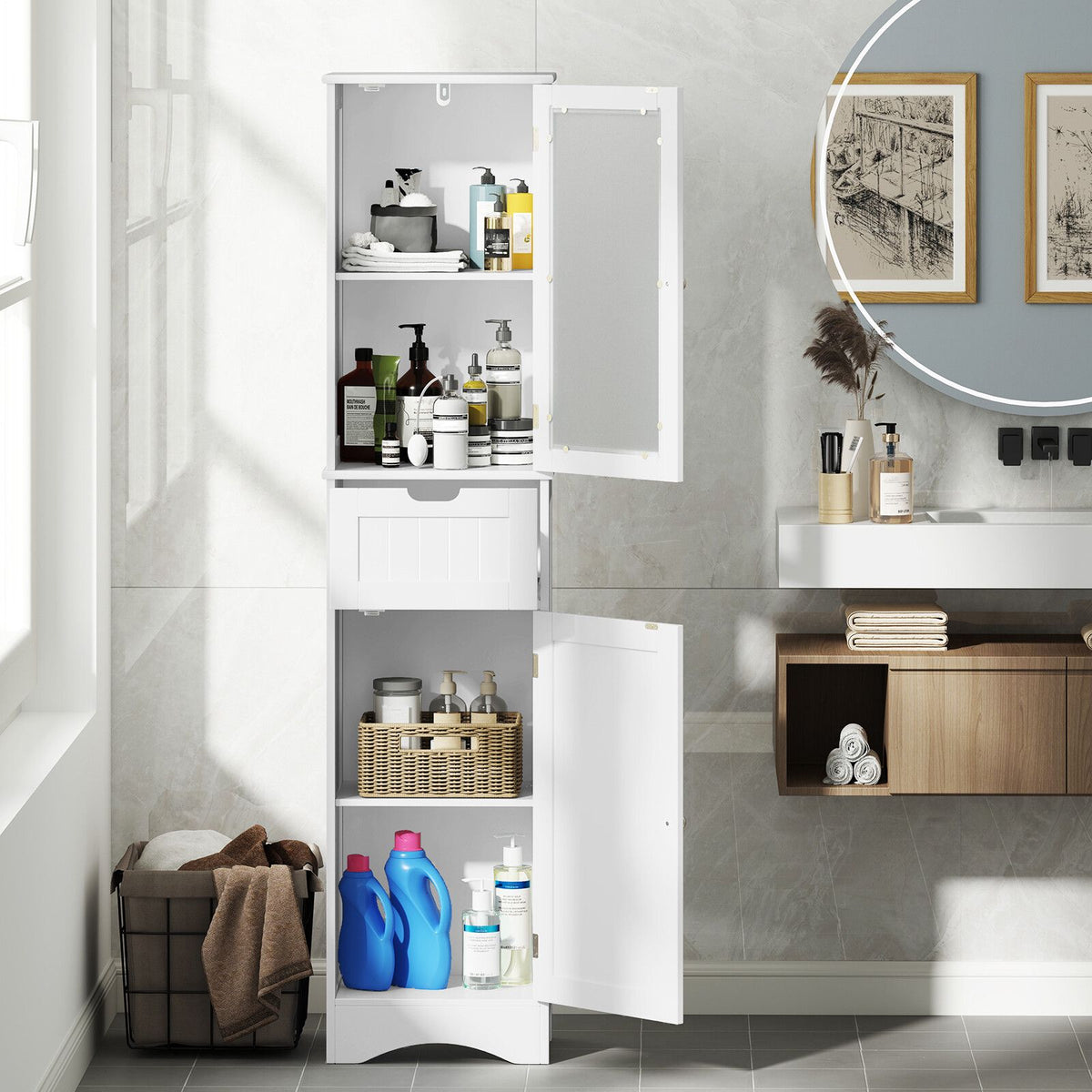 Tall Floor Storage Cabinet, 2 Doors, 1 Drawer, MDF, 67"