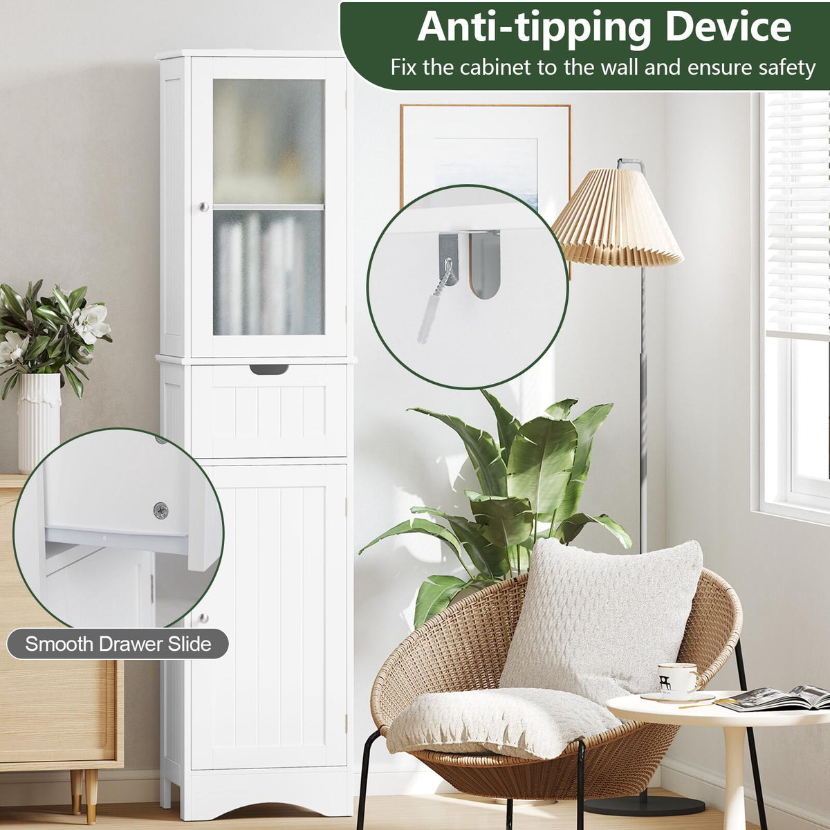 Tall Floor Storage Cabinet, 2 Doors, 1 Drawer, MDF, 67"