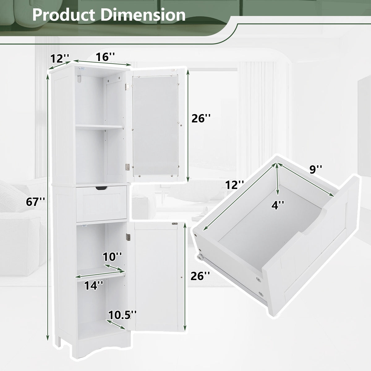 Tall Floor Storage Cabinet, 2 Doors, 1 Drawer, MDF, 67"