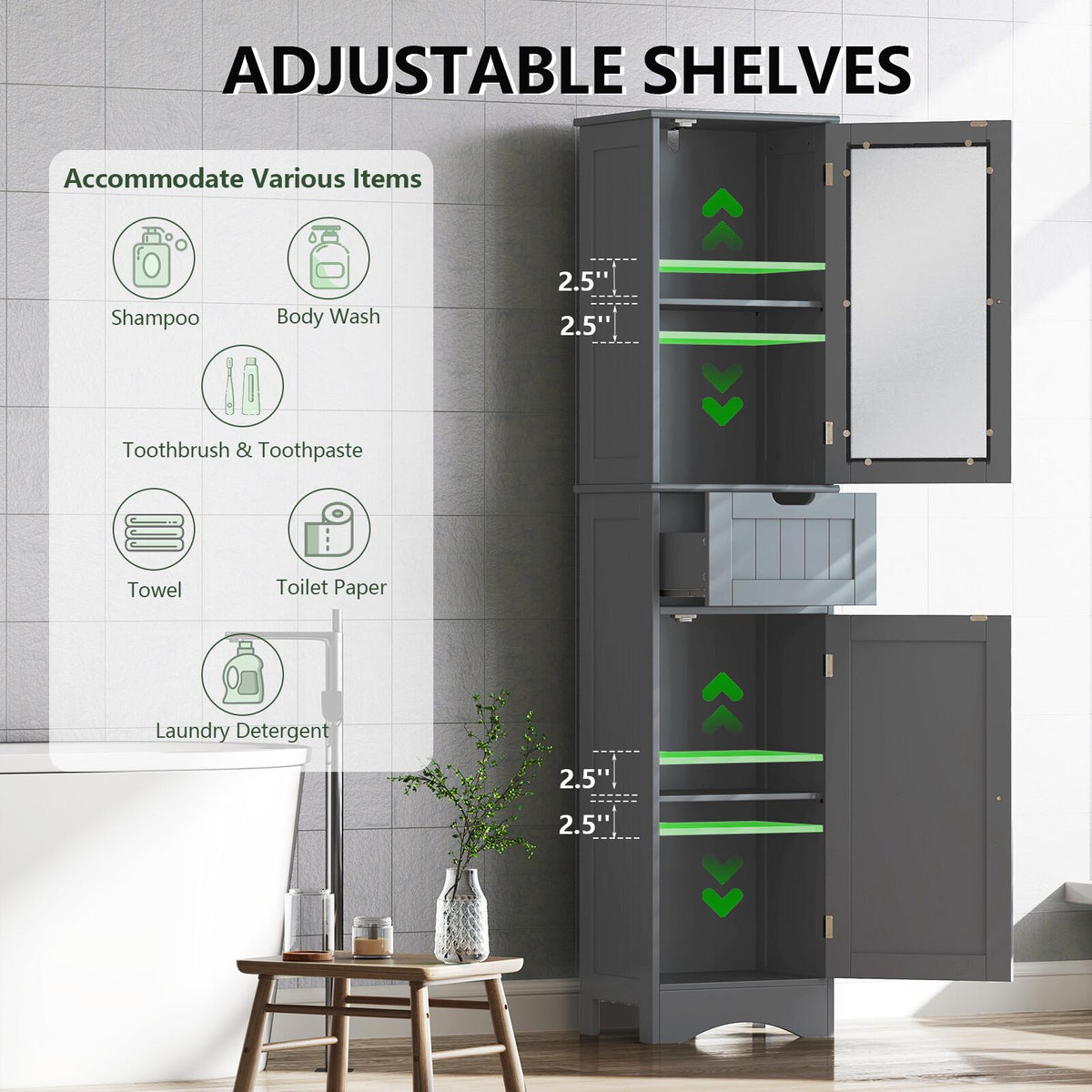 Tall Floor Storage Cabinet with Adjustable Shelves, Gray