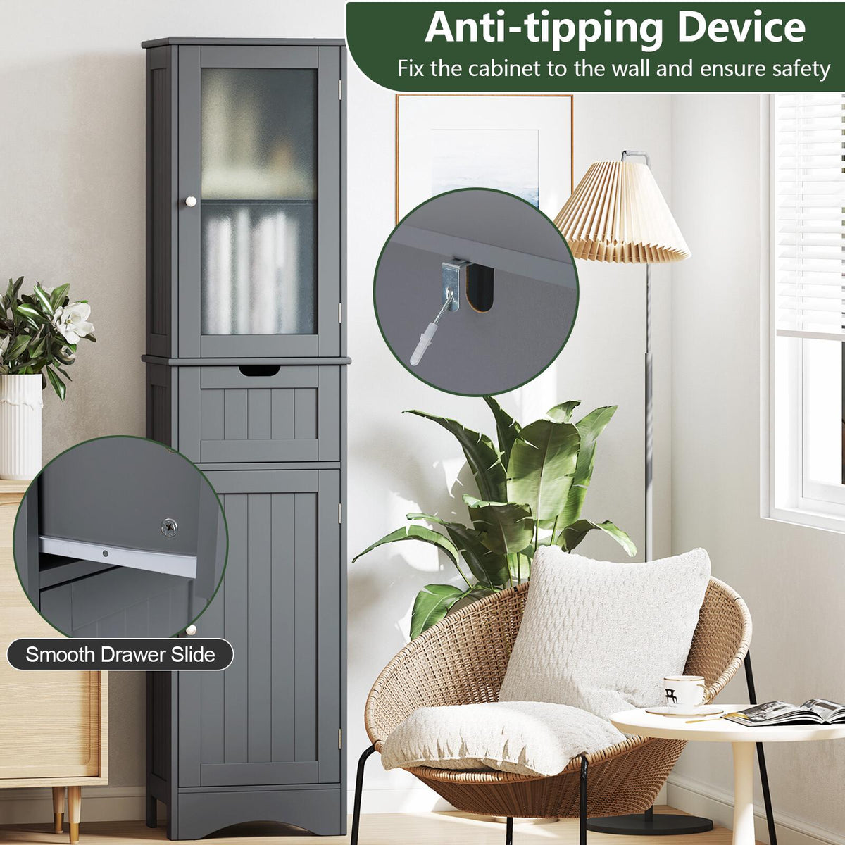 Tall Floor Storage Cabinet with Adjustable Shelves, Gray