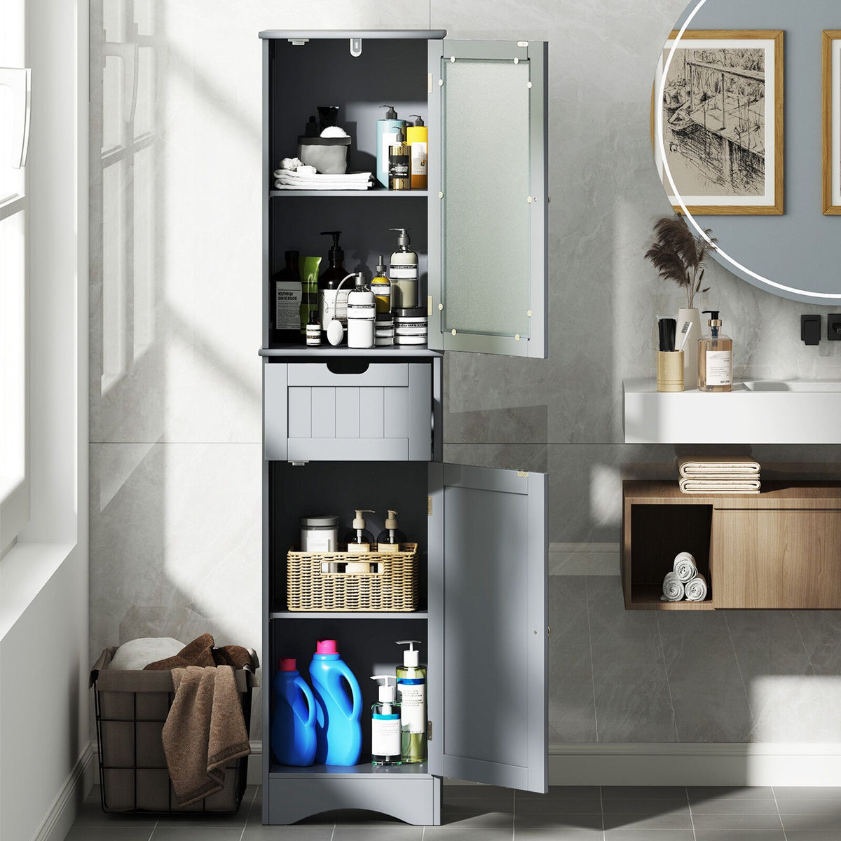 Tall Floor Storage Cabinet with Adjustable Shelves, Gray