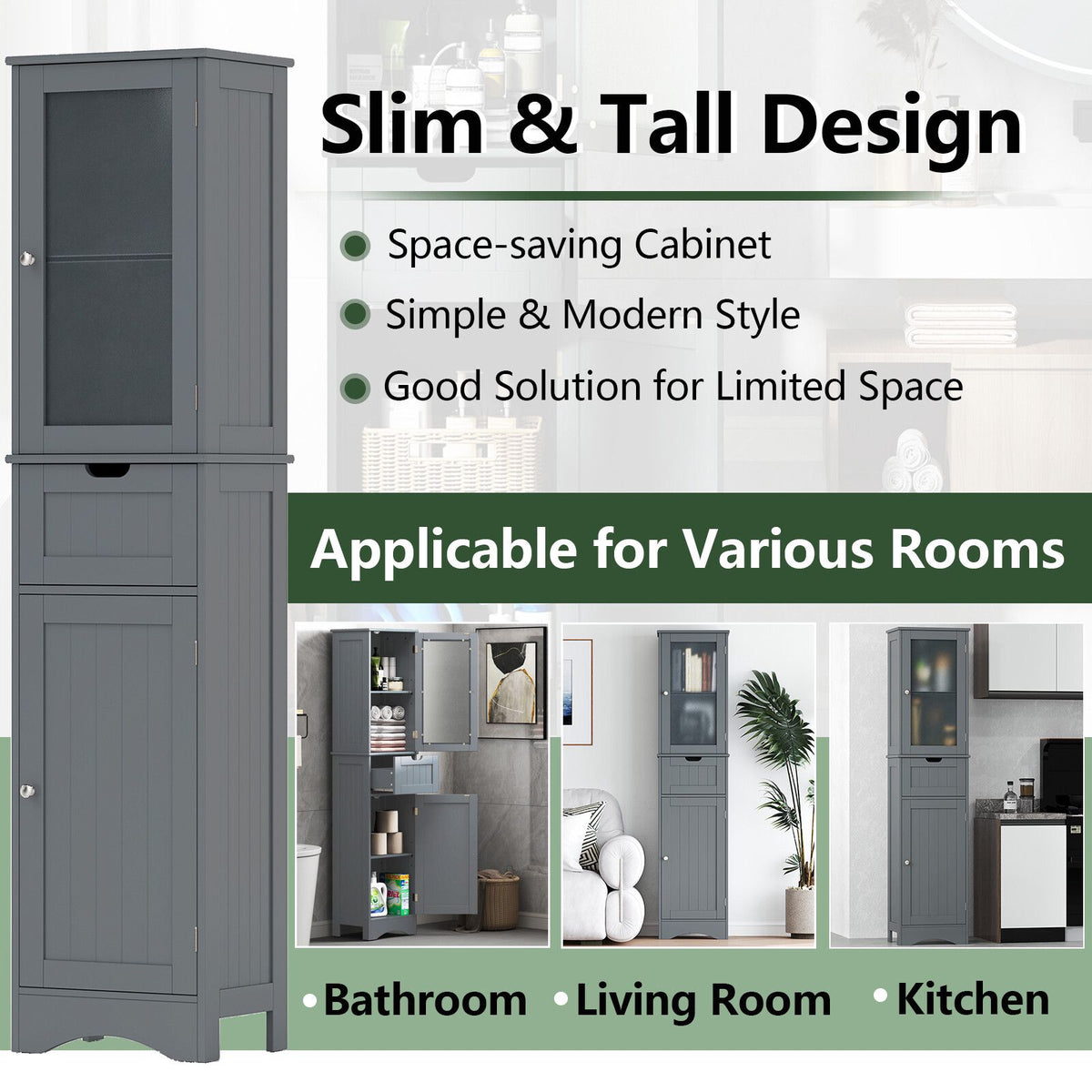 Tall Floor Storage Cabinet with Adjustable Shelves, Gray