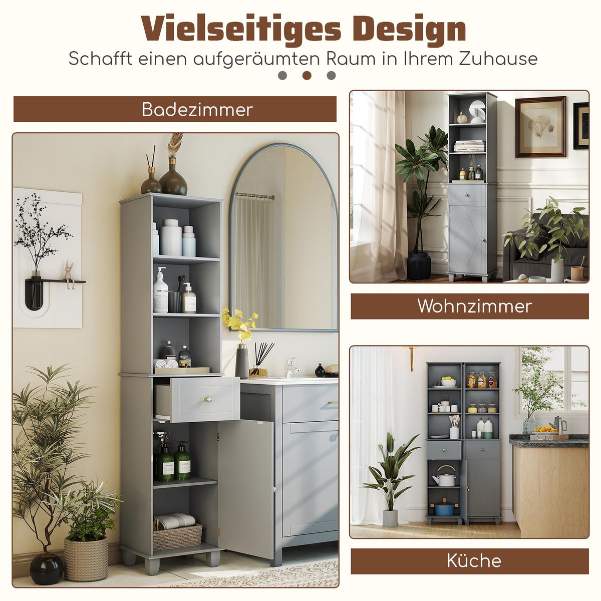 Tall Grey Bathroom Cabinet with 3 Shelves and Drawer