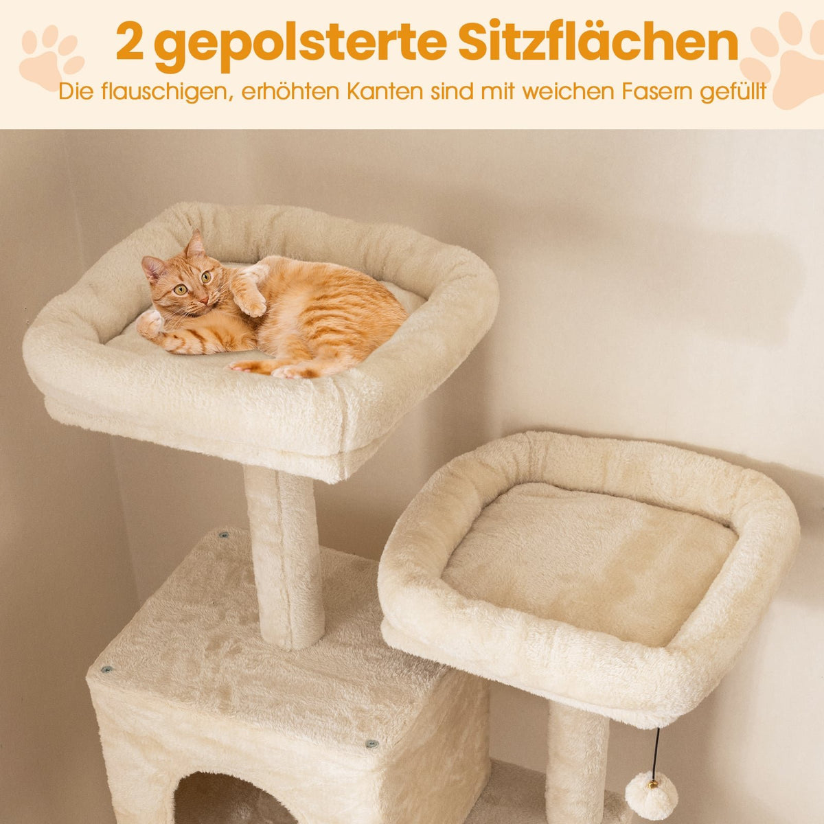 Tall Multi-Level Cat Tree with Sisal Posts, 2 Caves, Beige