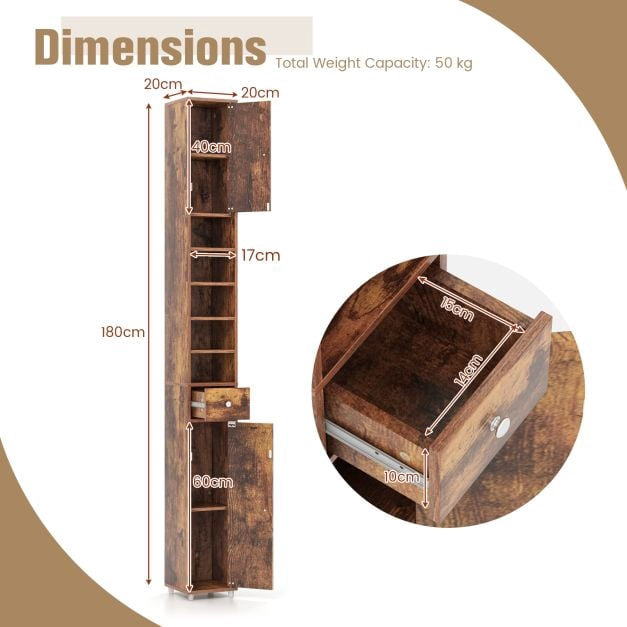 Tall Narrow Bathroom Cabinet, 2 Doors, Drawer, 20x20x180 cm