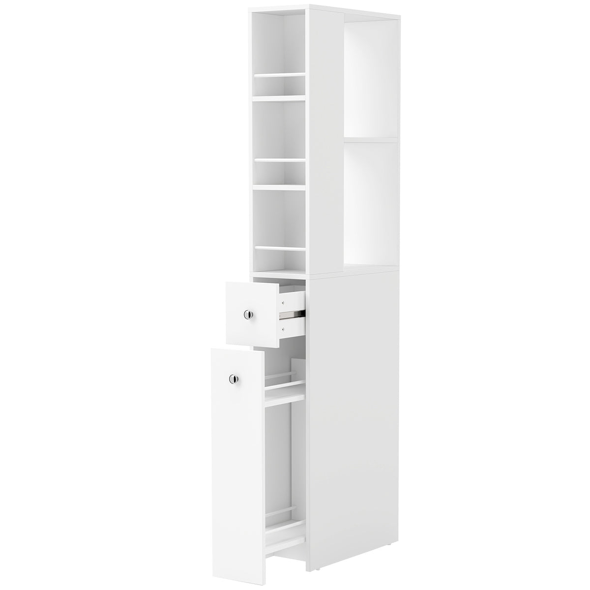 Tall Slim Bathroom Cabinet with 2 Drawers, White, 135 cm