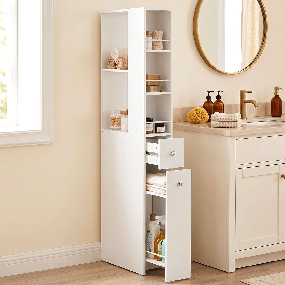 Tall Slim Bathroom Cabinet with 2 Drawers, White, 135 cm